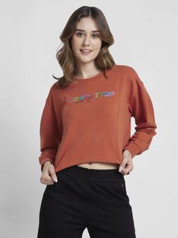 Spykar - Women Terracotta Blended Boxy Fit Round Neck Printed Crop Sweatshirt