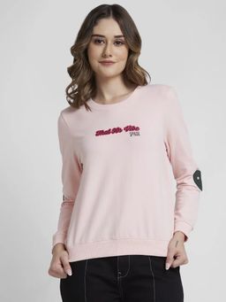 Spykar - Women Baby Pink Blended Regular Fit Round Neck Printed Sweatshirt