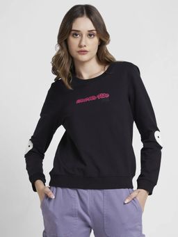 Spykar - Women Black Blended Regular Fit Round Neck Printed Sweatshirt