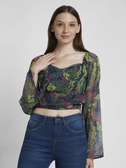 Spykar - Women Green Chiffon Slim Fit Flared Sleeve V-neck Printed Crop Top