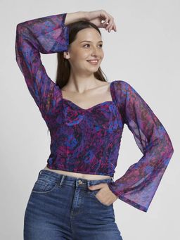 Spykar - Women Pink Chiffon Slim Fit Flared Sleeve Heart Neck Printed Crop Top