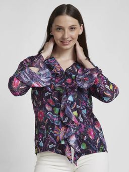 Spykar - Women Multi-color Jacquard Slim Fit Full Sleeve Floral Print Shirt