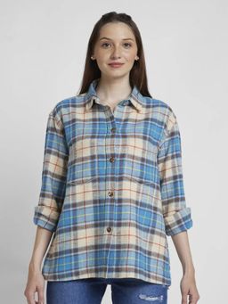 Spykar - Women Blue Cotton Oversize Fit Full Sleeve Checkered Shirt