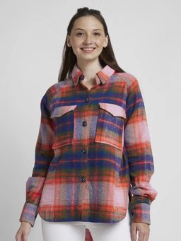 Spykar - Women Orange Cotton Oversize Fit Full Sleeve Checkered Shirt