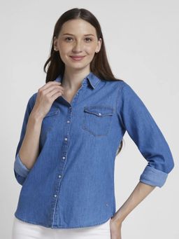 Spykar - Women Light Blue Cotton Regular Fit Full Sleeve Plain Shirt
