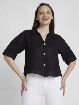 Spykar - Women Black Viscose Linen Slim Fit Half Sleeve Plain Crop Shirt