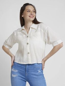 Spykar - Women White Viscose Linen Slim Fit Half Sleeve Plain Crop Shirt