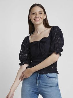 Spykar - Women Black Cotton Slim Fit Half Sleeve Heart Neck Plain Top