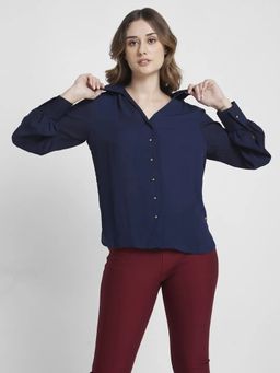 Spykar - Women Navy Blue Polyester Regular Fit Full Sleeve Plain Shirt