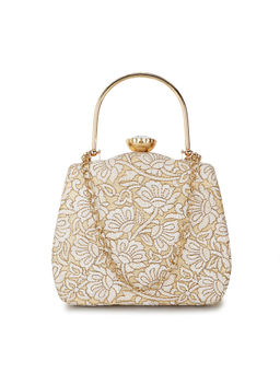 Anekaant - Hue Gold & White Floral Embroidered Faux Silk Clutch (M)