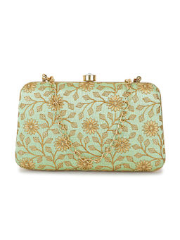 Anekaant - Hue Pista Green & Gold Floral Embroidered Faux Silk Clutch (M)
