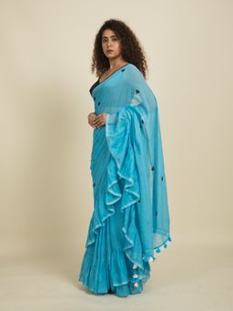 Suta - Blue Heart Block Printed Ruffle Saree