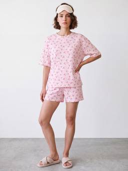 R&B - Light Pink Bow Print Pure Cotton T-Shirt and Short