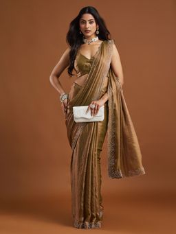 Kasee - Bronze Embellished Silk Blend Saree with Unstitched Blouse