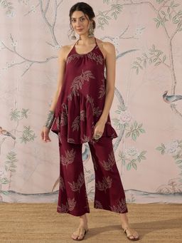 InWeave - Dark Maroon Leaf Halter Strapp Co-Ord Set