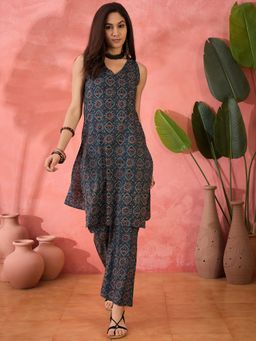 InWeave - Ink Blue Ajrakh Halter Neck Patti Kurta with Pant