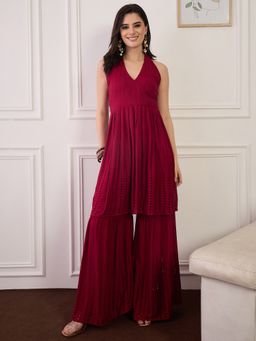 InWeave - Barn Red Lace Work Backless Kurta with Sharara