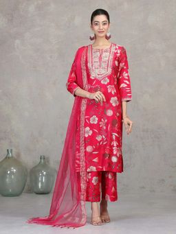 Cotton Culture - Rani Pink Floral Embroidered Straight Kurta with Pant and Dupatta