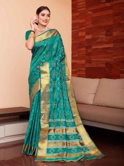 JUST FASHION - Turquoise Woven Art Silk Bandhani Saree with Unstitched Blouse