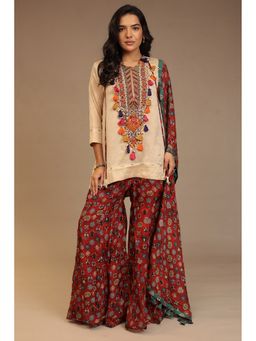 Zari Jaipur - Cream Zari Jaipur Embroidered Kurta with Sharara and Dupatta