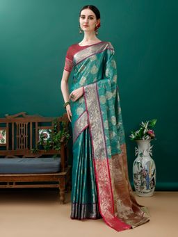 JUST FASHION - Turquoise Woven Design Kanjeevaram Art Silk Saree with Unstitched Blouse