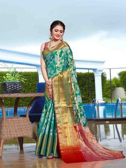 JUST FASHION - Turquoise Woven Design Banarasi Art Silk Saree with Unstitched Blouse
