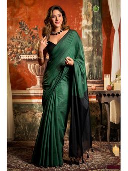 Mysilklove - Lizard Green Handloom Mul Mul Cotton Saree with Unstitched Blouse