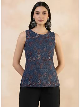 arangya - Navy Blue Premium Pure Cambric Cotton Floral Printed Top