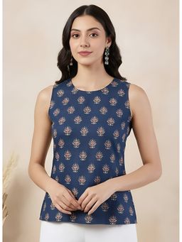 arangya - Blue Premium Pure Cambric Cotton Floral Printed Top