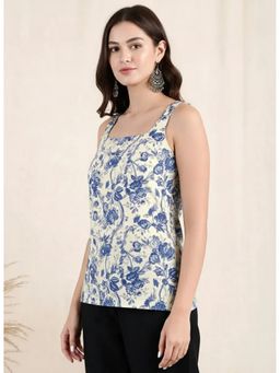 arangya - Elegant White Floral Printed Cotton Blend Top