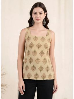 arangya - Elegant Beige Block Printed Cotton Blend Top