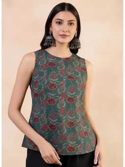 arangya - Teal Premium Pure Cambric Cotton Floral Printed Top