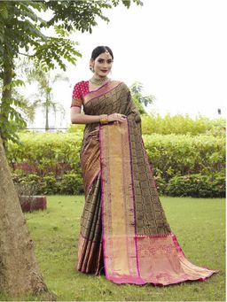 JUST FASHION - White Woven Design Banarasi Art Silk Saree with Unstitched Blouse