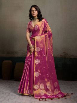 Sutriti - Magenta Purple Woven Tissue Silk Saree with Unstitched Blouse