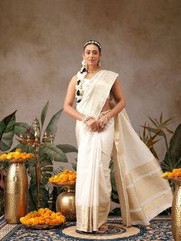 Silk Land - Off White Silk Woven Saree with Unstitched Blouse