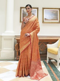 Akhilam - Womens Silk Blend Mustard Woven Design Handloom Saree with Unstitched Blouse