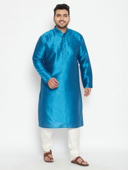 Vastramay - Men Turquoise Silk Blend Kurta Churidar