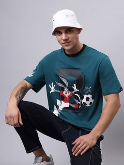 Bewakoof - Looney Tunes Merchandise Mens Green Playing Bugs Graphic Print Oversized T-shirt