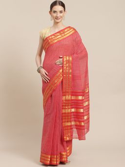 ISHIN - Womens Cotton Blend Red Striped Woven Design Saree with Unstitched Blouse