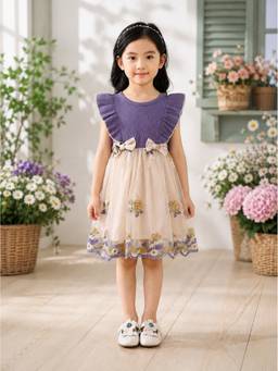 TIOR - Girls Embroidered Mesh Party Dress