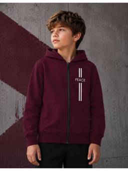 Nusyl - Boy Burgundy Peace Text Printed Zipper Hoodie