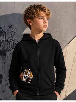 Nusyl - Boy Black Tiger Printed Zipper Hoodie