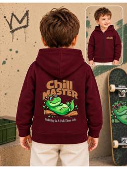 Nusyl - Boy Burgundy Chill Master And Dinosaur Printed Zipper Hoodie