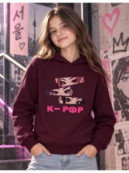 Nusyl - Girl Burgundy K-Pop Text Printed Hoodie