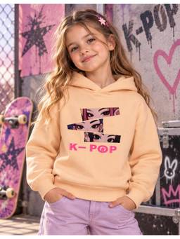 Nusyl - Girl Beige K-Pop Text Printed Hoodie