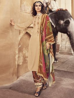 Stylee LIFESTYLE - Beige Velvet Embroidered Dress Material (Set of 3)