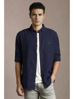 Louis Philippe - Men Navy Blue Textured Full Sleeves Casual Shirt