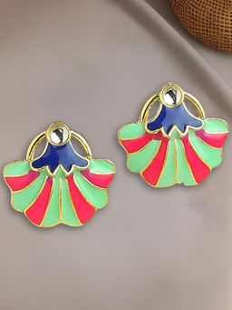 OOMPH - Mint Green and Pink Meenakari Enamel Stud Earrings - Indo-Western Floral Design
