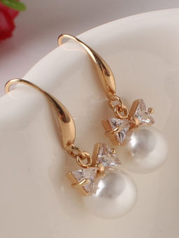 OOMPH - Gold Tone Cubic Zirconia Pearl Office Wear Fashion Drop Earrings