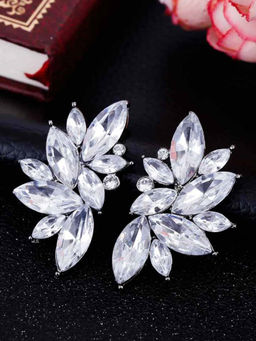 OOMPH - White Floral Cubic Zirconia Large Fashion Ear Stud Earrings for Women